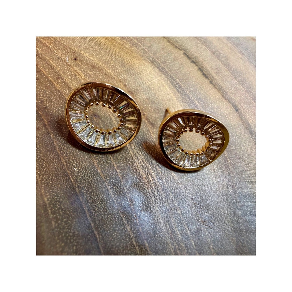 Gold Tone Baguette Cubic Zirconia Open Circle Stud Sunburst Earrings  New